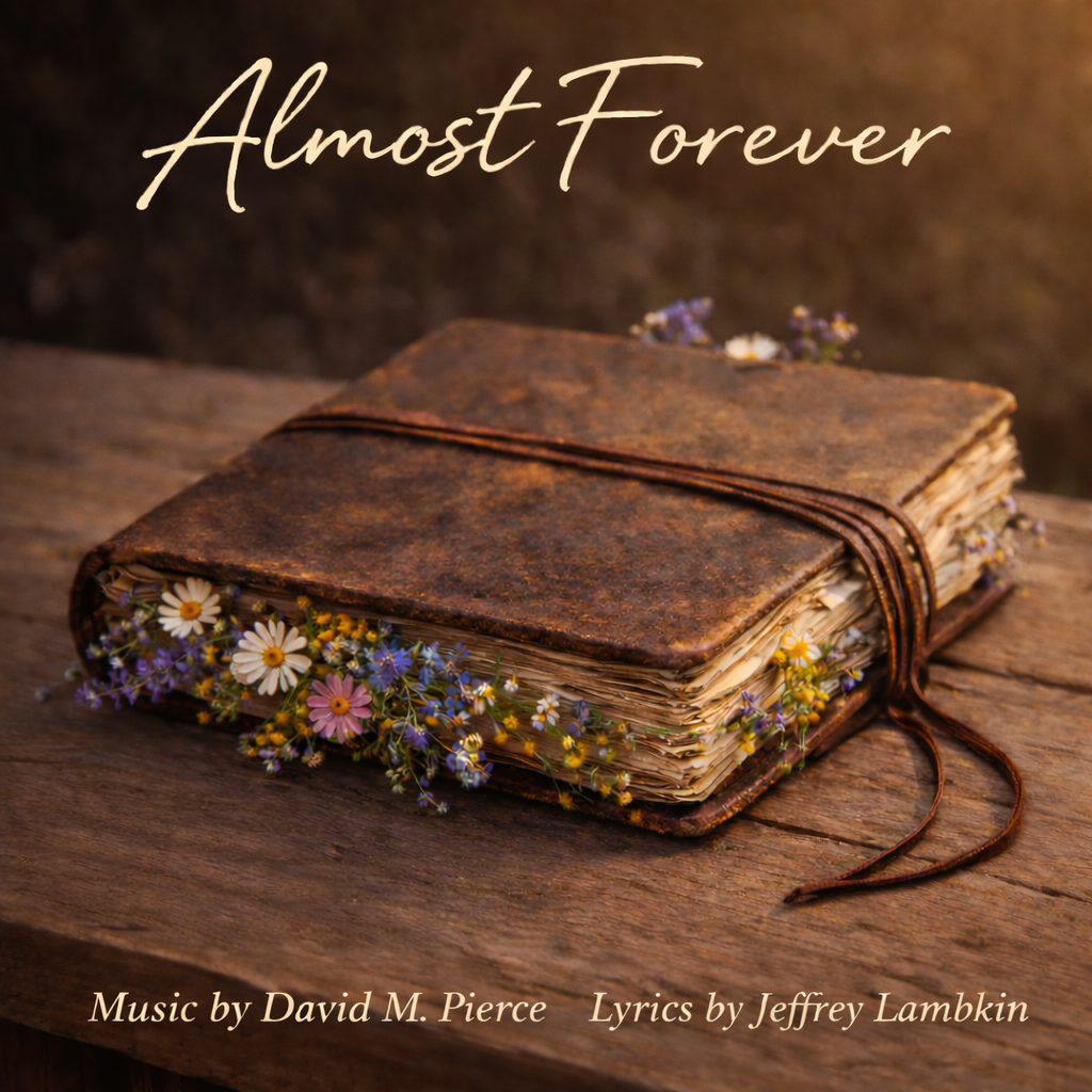 Album Cover Artwork depicts a worn, leather bound, journal resting on a wooden bench. Heads of wildflowers stick out from between the pages.